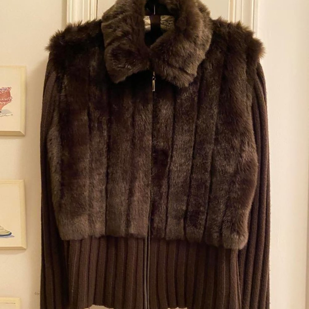 Y2K Faux Fur Ribbed Knit Brown Sweater, Zip Front, Women's XL
